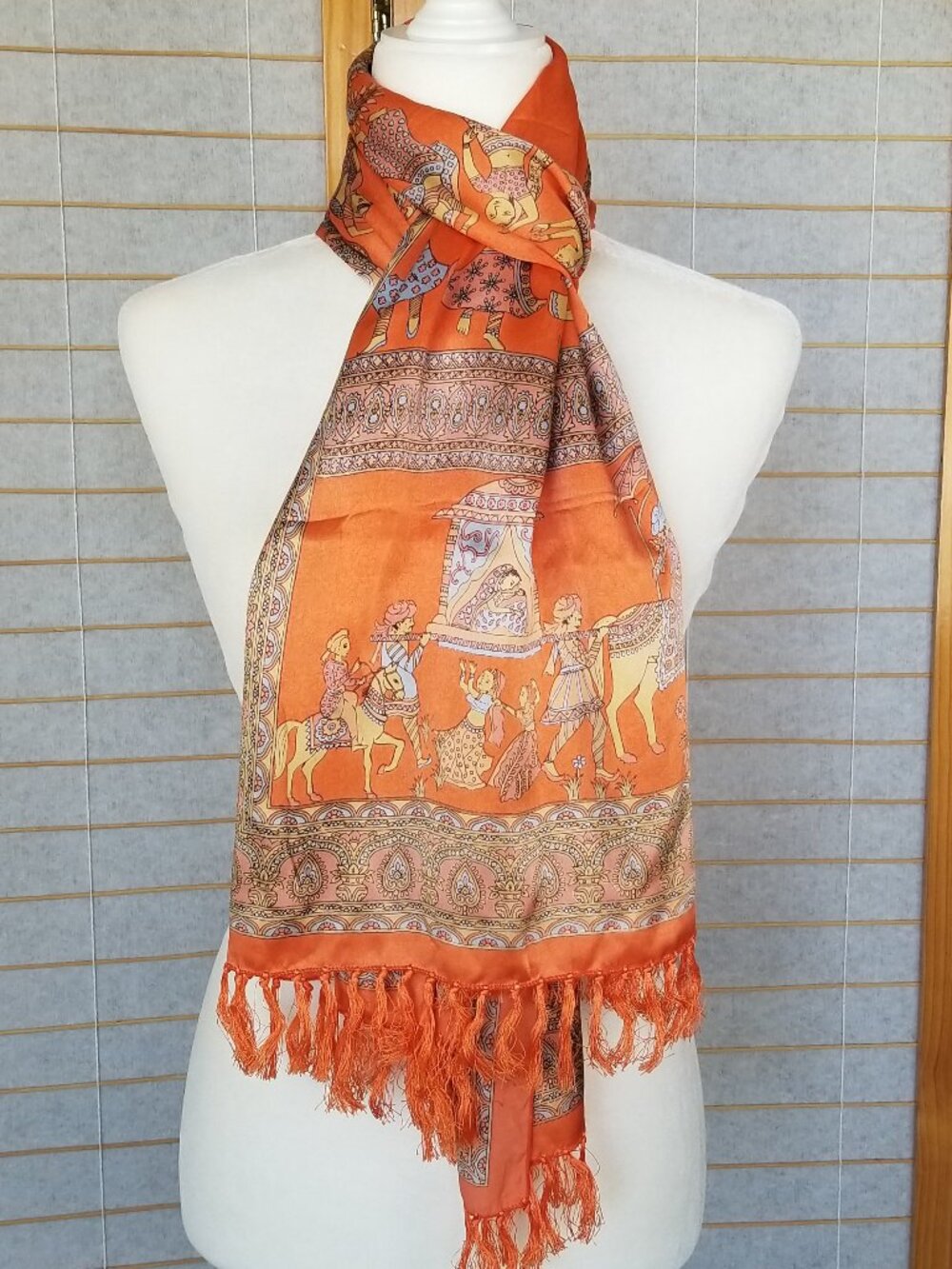 Extra Long Rectangular Scarf Wrap 100% Silk Satin Orange Blue Artistic Indian